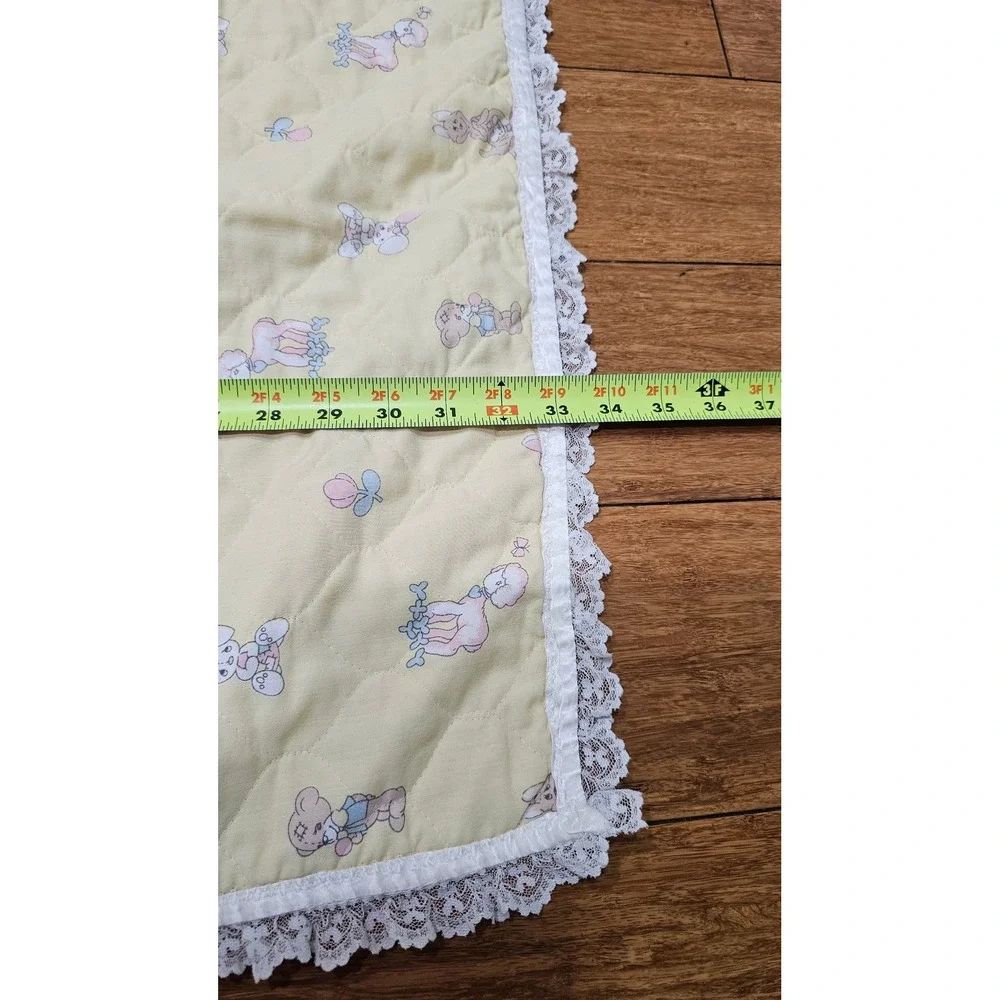 Vintage Precious Moments Quilted Baby Blanket Yellow Angel Lace‎ Trim 90s